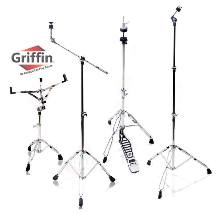 Paquete de 4 herrajes para batería: kit completo de hardware para batería con soporte para tarola, pedal de Hi-Hat, boom para platillo y soporte recto para platillos